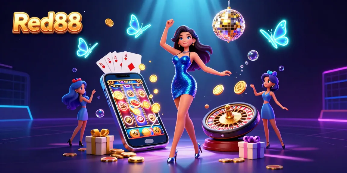 Engage with Red88's vibrant casino atmosphere featuring dynamic slot games and a glamorous woman.