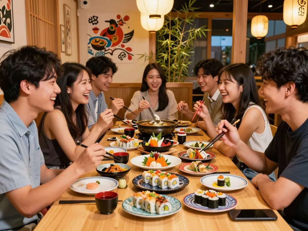Friends enjoying a delicious sushi meal at RED88 Asian Bistro, vibrant dishes and warm atmosphere.