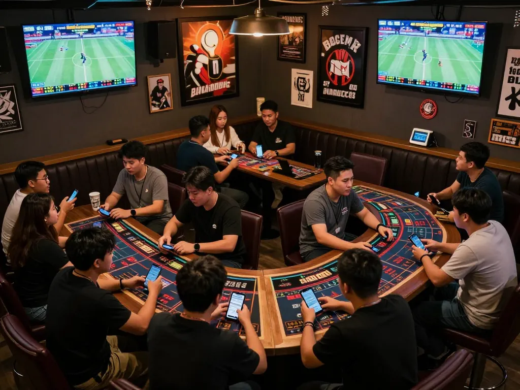 Engaged sports fans placing bets and checking odds at keonhacaii88 in a lively sports bar environment.