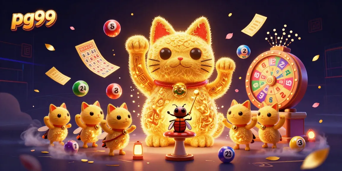 Experience a thrilling pg99 gaming adventure with a giant lucky cat and dynamic casino symbols.