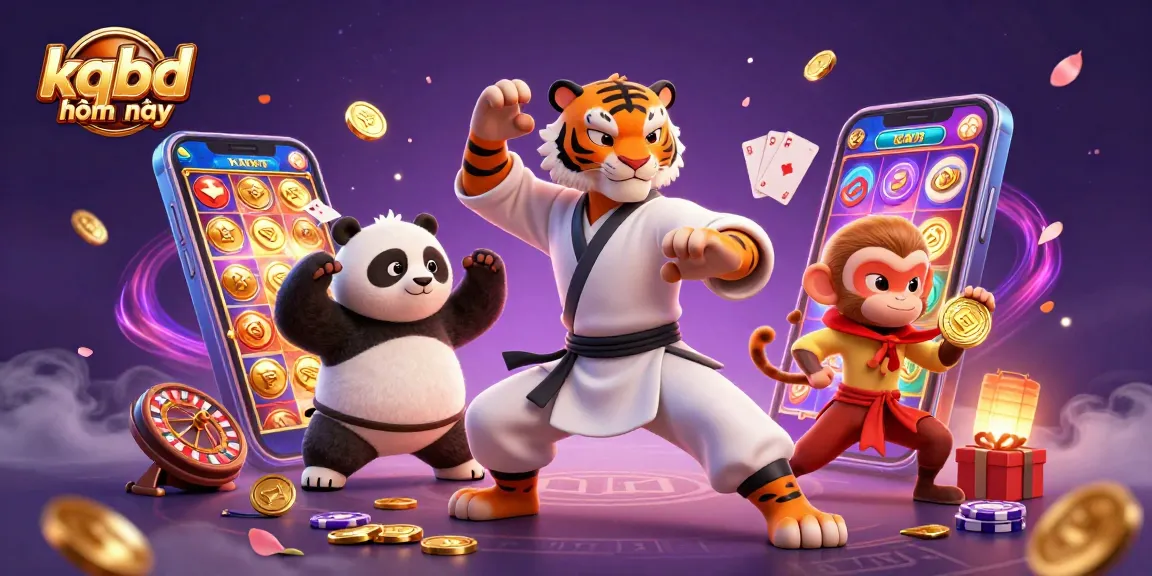 Experience kqbd hôm nay with a fun and engaging illustration of gaming characters and casino elements.