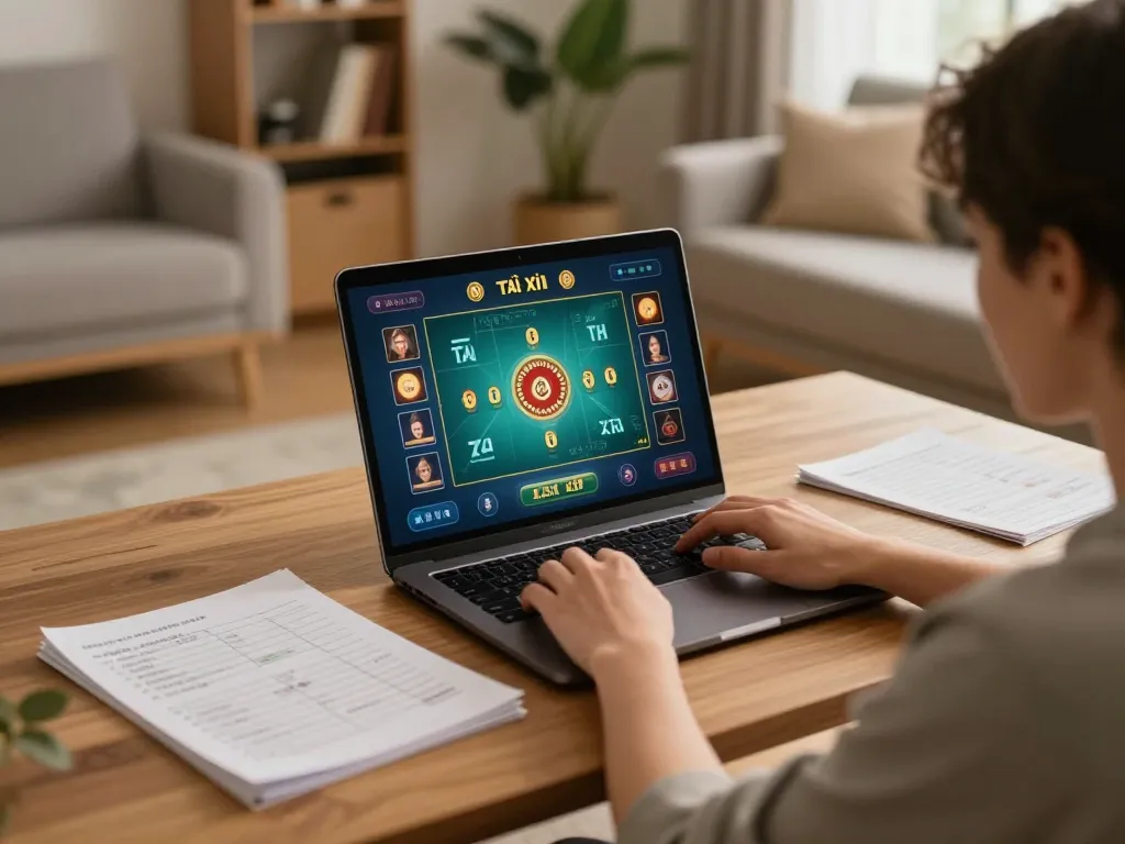 Taking part in Tài Xỉu online gameplay on a laptop in a cozy home setting with strategy notes