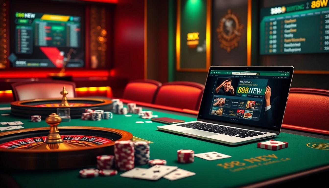 Engage with 888NEW Đăng nhập at a vibrant casino table filled with poker chips and a desktop, blending luxury and excitement.