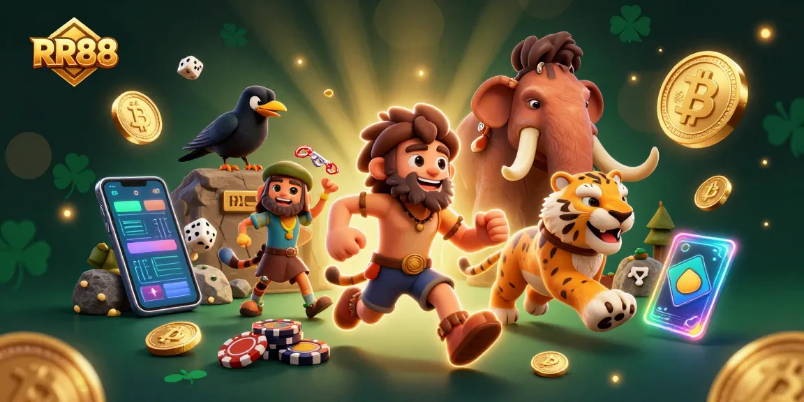 Experience RR88 gaming strategy with vibrant cavemen and tigers in a prehistoric casino.
