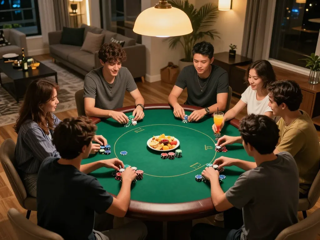 Players enjoying an engaging poker night, HDBET strategies in action, warm atmosphere.