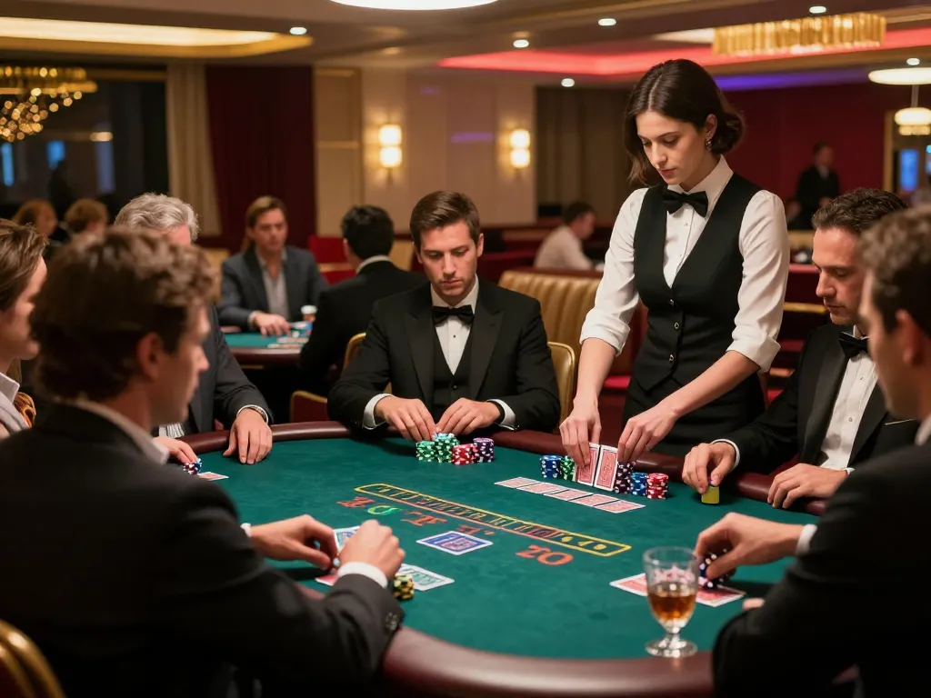 Players at HITCLUB's blackjack table strategizing their next moves amidst vibrant casino atmosphere