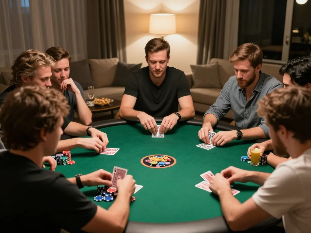 Engaged players in a strategic poker game at home, showcasing camaraderie and excitement for 79king-vn