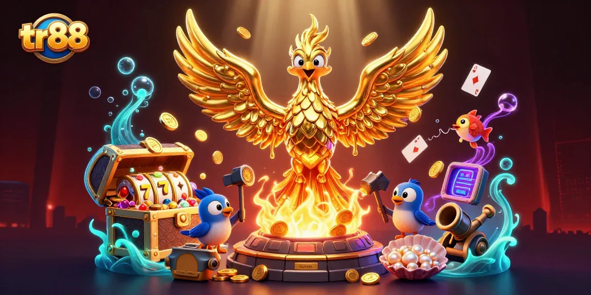 Experience the thrill of tr88 with a golden phoenix and dynamic casino elements, capturing winning moments.