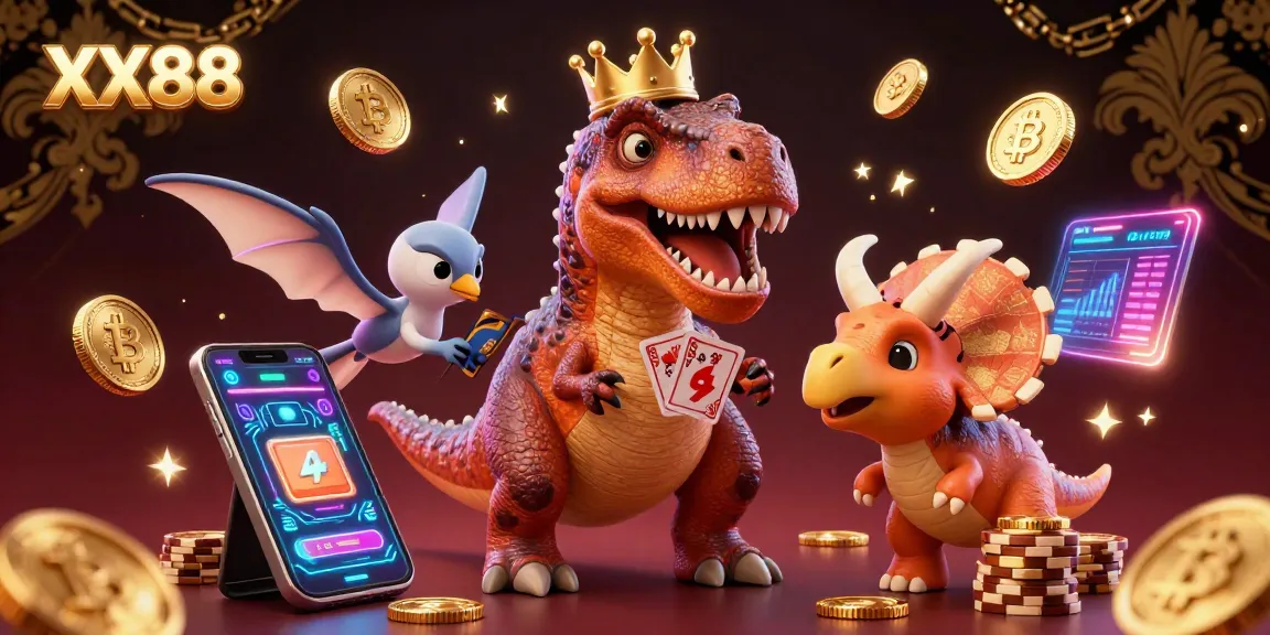 Engage in vibrant casino action with XX88 as cartoon dinosaurs play cards amidst glowing crypto coins.