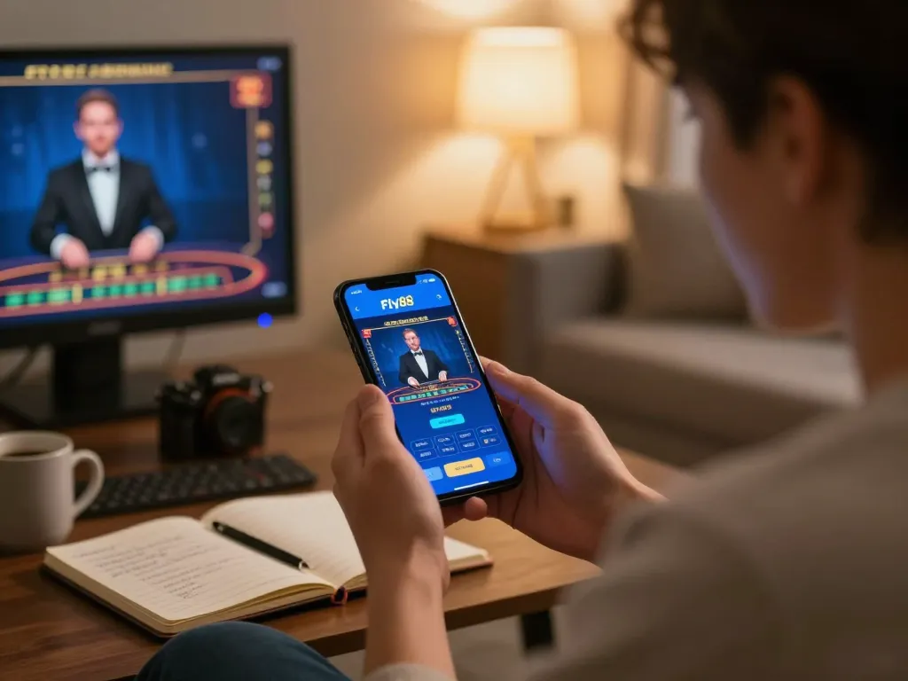Engaging gameplay session on Fly88 app showcasing interactive dealer game in a cozy home setting.