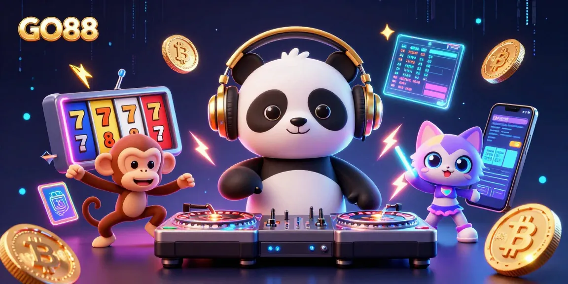Experience GO88's thrilling slot action with DJ panda spinning, while luck and crypto elements collide in this vibrant scene.