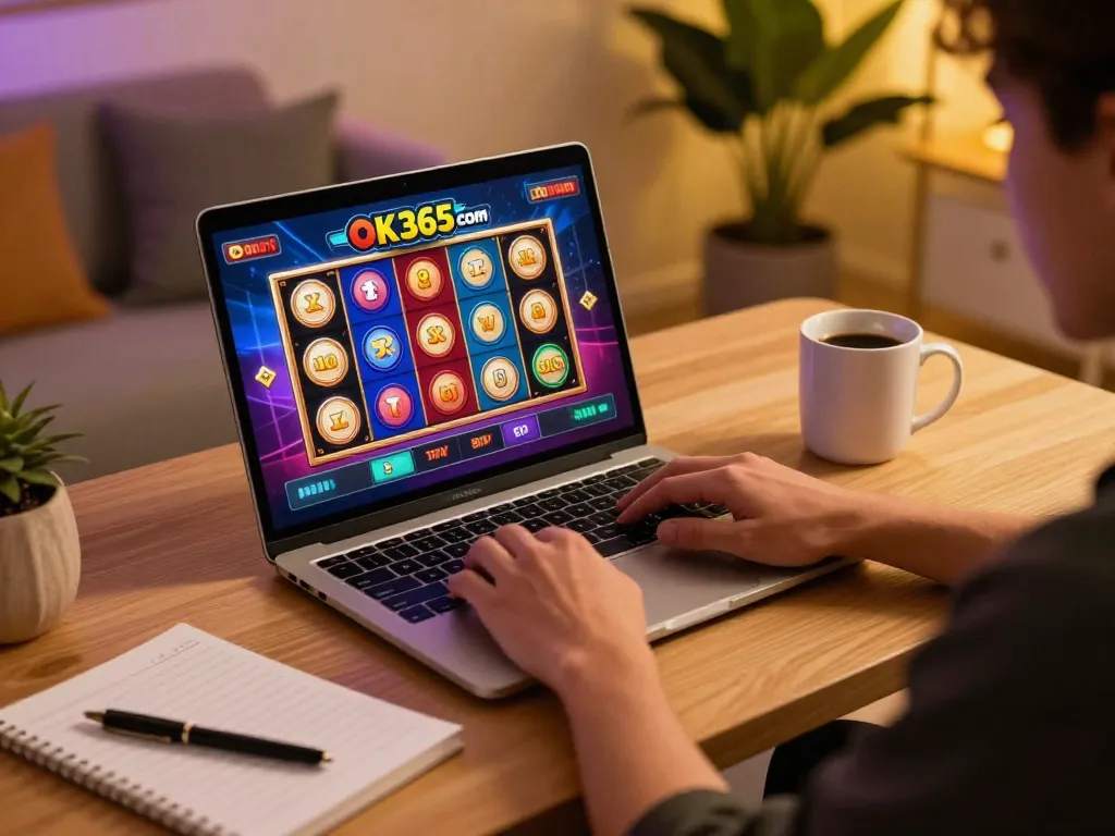 Engaged player exploring casino games on ok365 com laptop, showcasing a lively home gaming setup.
