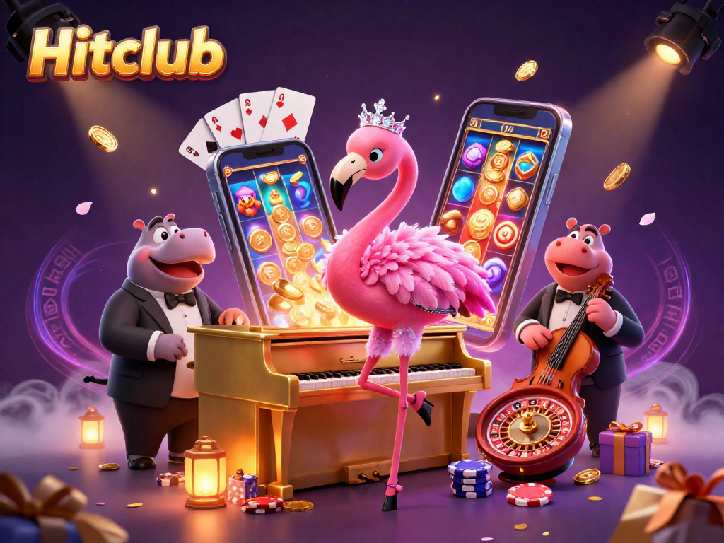 Experience thrilling wins with Hitclub's casino scene featuring lively characters and exciting game elements.