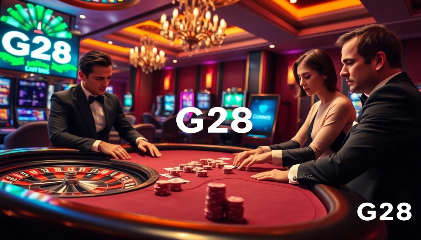 G28 poker players engaged in high-stakes action at a luxurious casino table.