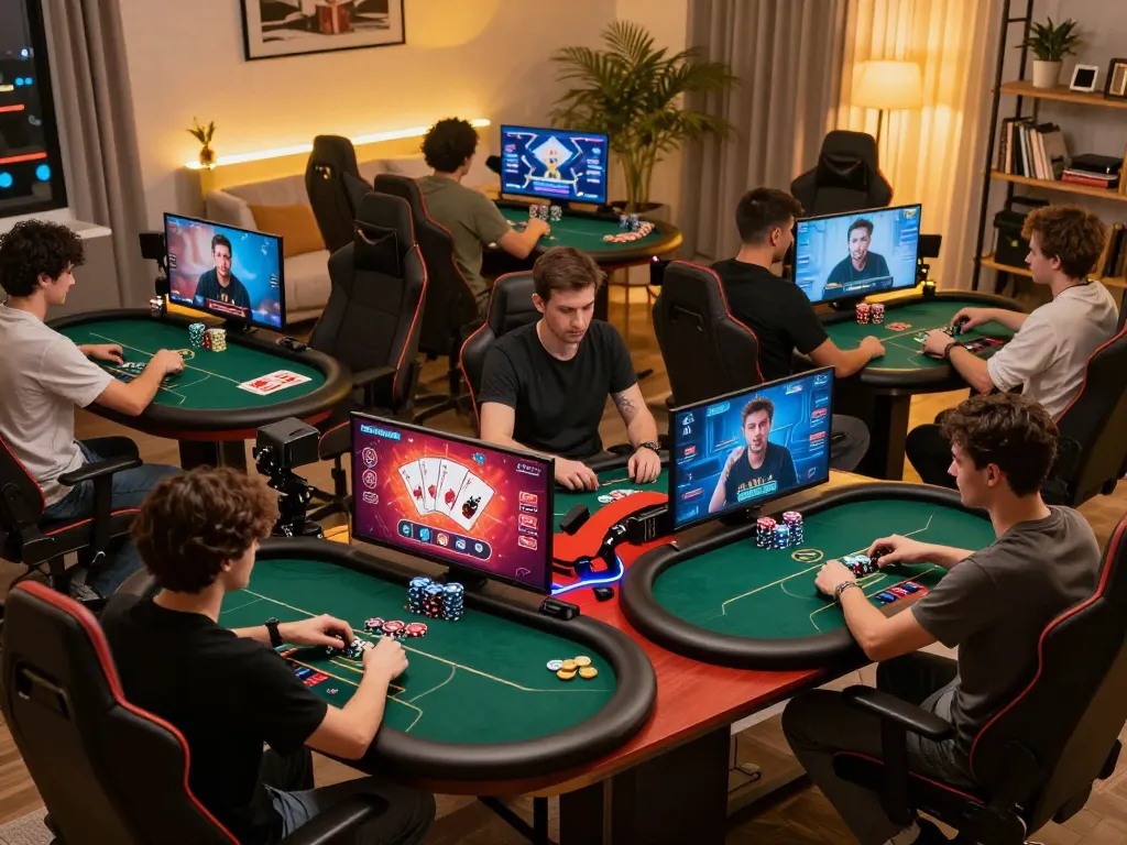 Players engaging in a competitive online poker tournament showcasing CM888 gameplay strategies from their homes.