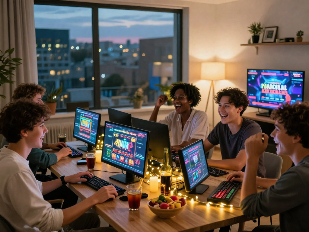 Friends enjoying non-UK casino games during a lively gaming night reflecting camaraderie and excitement at https://ghsc.co.uk.