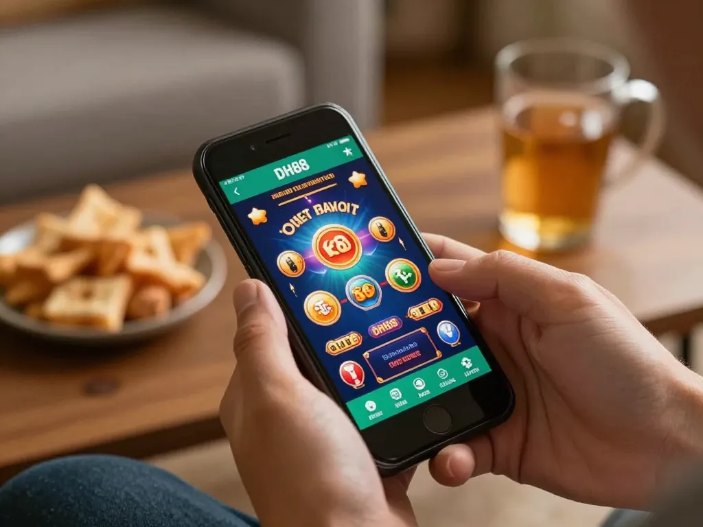 Tải DH88 app on smartphone for online gambling in cozy home setting