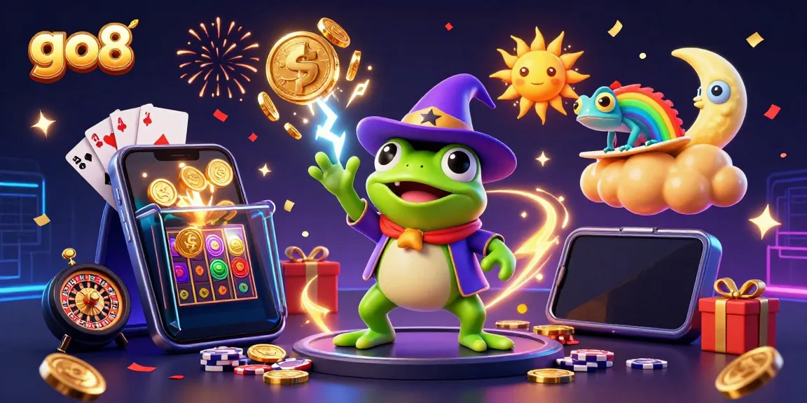 Experience go8 excitement with a whimsical 3D illustration of a weather wizard frog surrounded by casino elements.