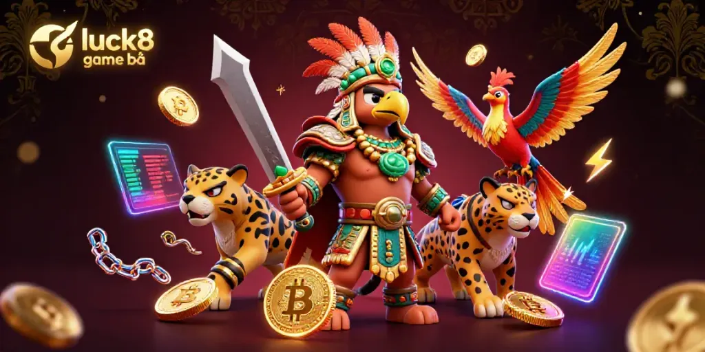 Engage with luck8 game bài in a vibrant 3D illustration featuring Aztec warriors and crypto coins.