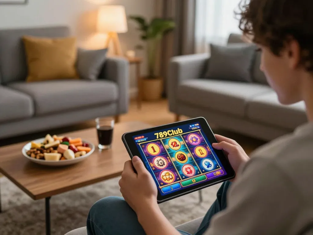 Engaged player enjoying thrilling 789Club slot games on a tablet in a cozy home environment