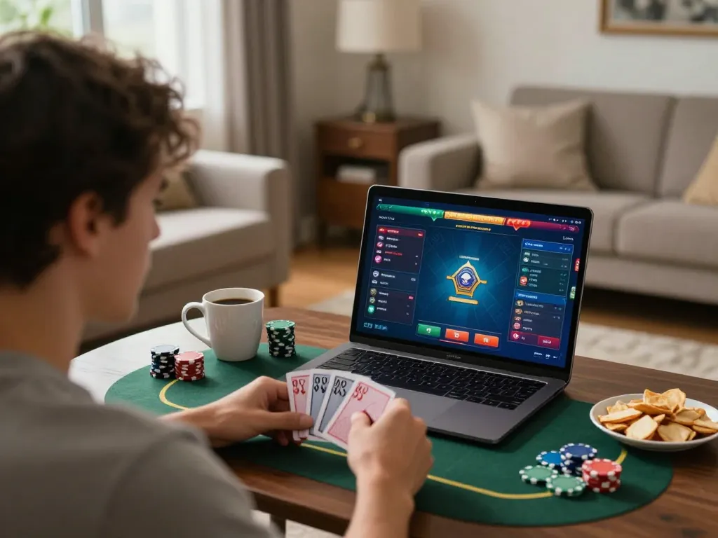 Engaging online poker gaming at home showcasing the Link Vk88 chính thức experience with lively graphics