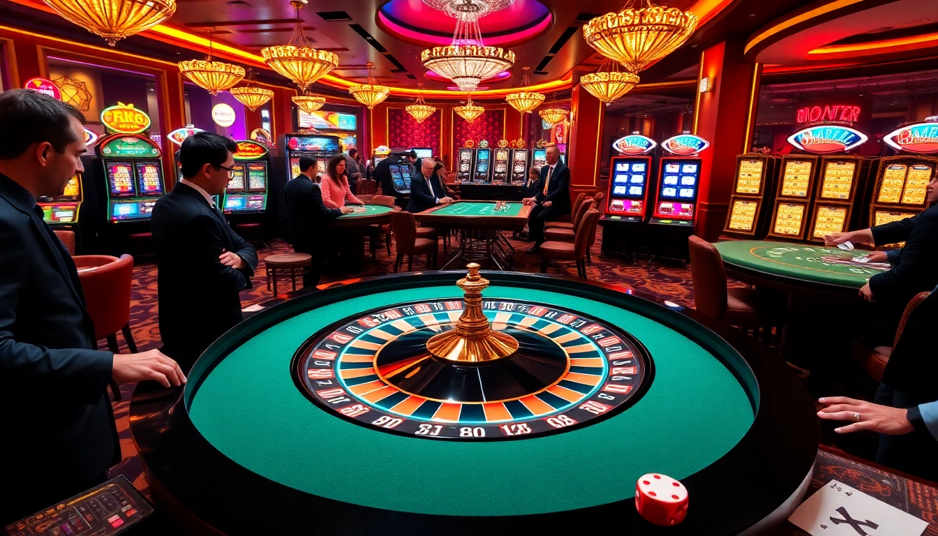 Players enjoy the thrilling atmosphere at F168's vibrant casino, highlighted by roulette and slot machines.