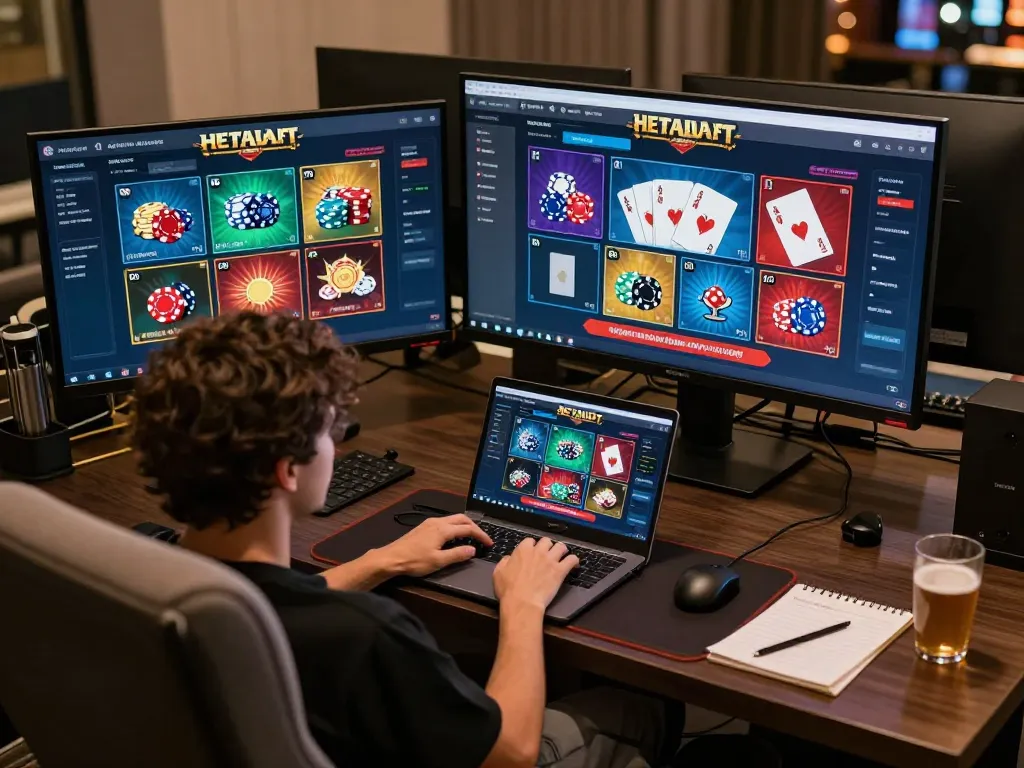 Person engaging in online gambling with Net88 on a laptop, showcasing vibrant casino gameplay.