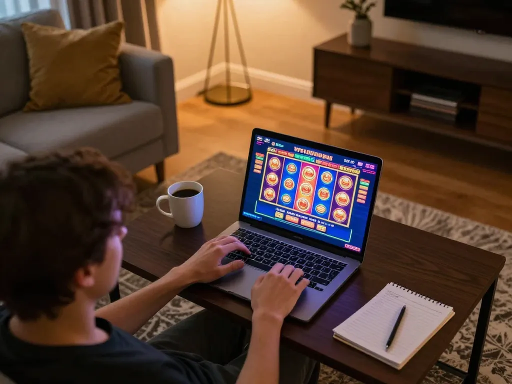Engaging online gambling session highlighting tr88seo platform on laptop at home