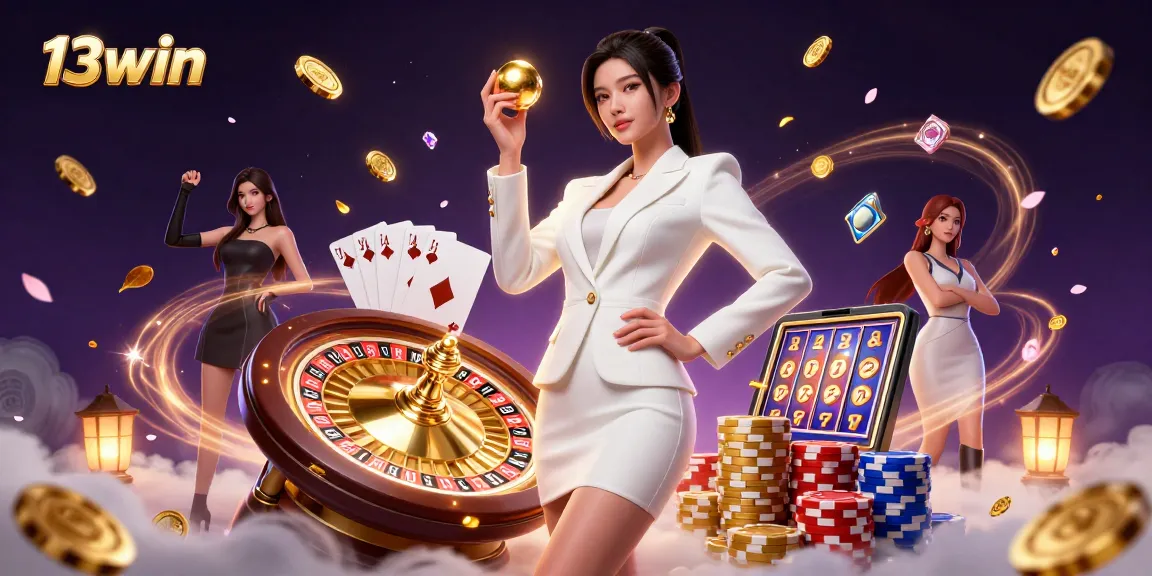 Bet on 13win with a glamorous Asian woman showcasing confidence in a lavish casino setting.