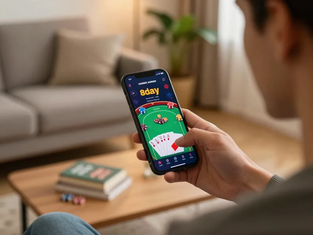 Player accessing 8day casino app on smartphone for engaging poker game experience