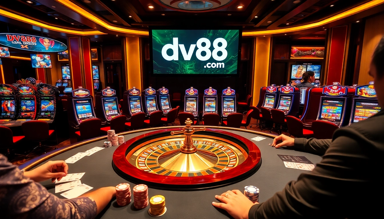 Engaging casino atmosphere featuring dv88 com logo on poker setup and roulette.