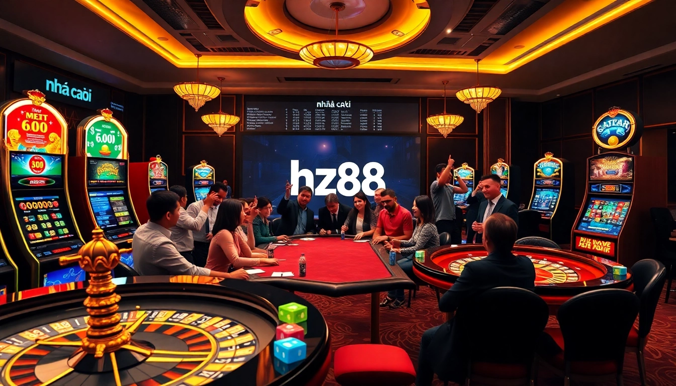 Experience excitement at nhà cái hz88 with colorful slot machines and poker tables.