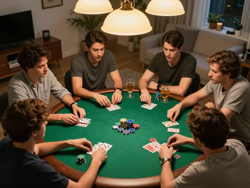Friends enjoying a lively poker game at home, s666no1 engaging in friendly competition with chips and cards.