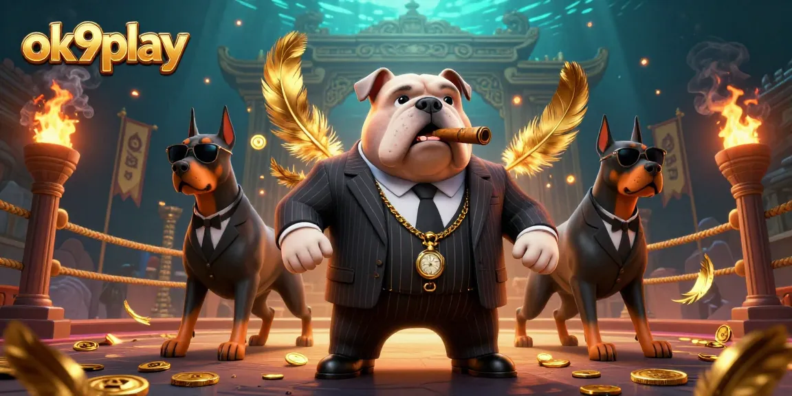 Experience the thrill of gambling with ok9play featuring a mafia bulldog and Doberman bodyguards in a vibrant casino scene.