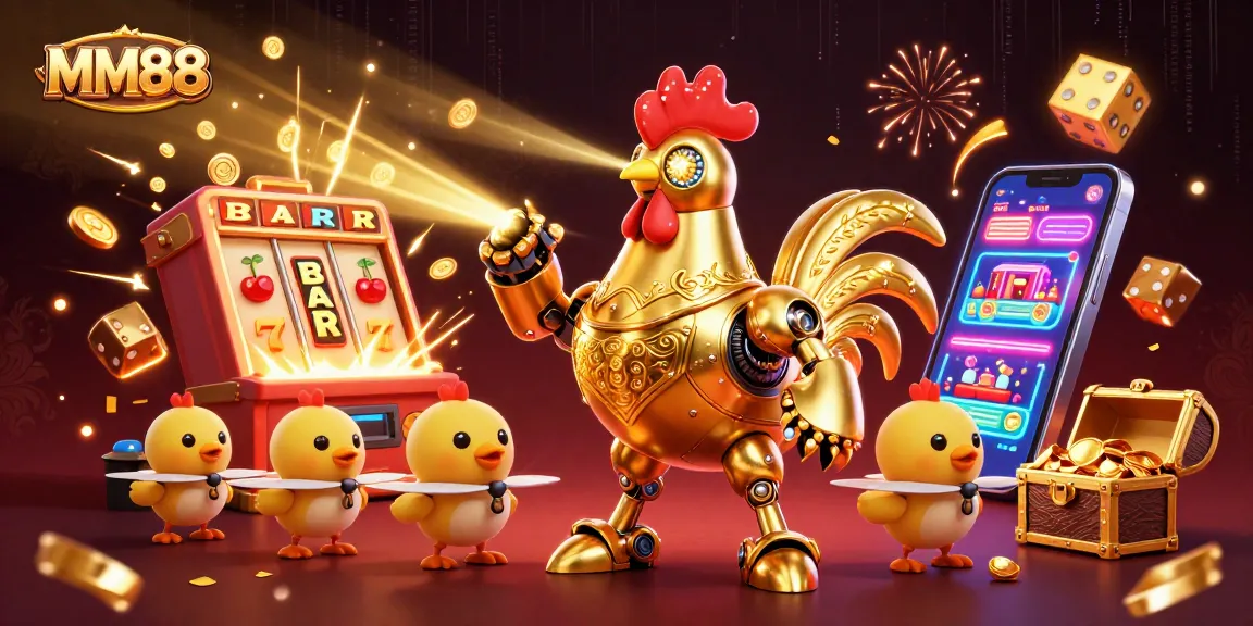 Engage with MM88's thrilling slots in this dynamic digital casino illustration.