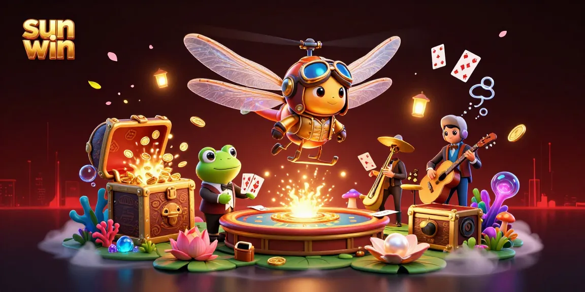 Experience thrilling action with sun win as a lively dragonfly pilot mingles with a frog croupier and jazz musicians.