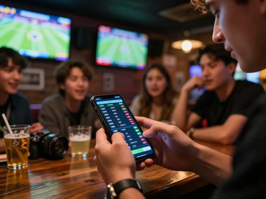 Betting on sports with fb88 com app shown on smartphone in a vibrant bar atmosphere.
