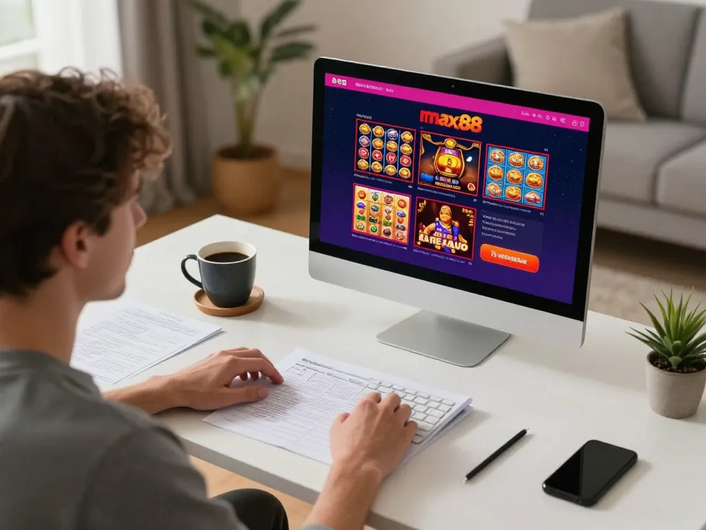 Engaging in online gaming on max88, showcasing various game options in a cozy home setup.