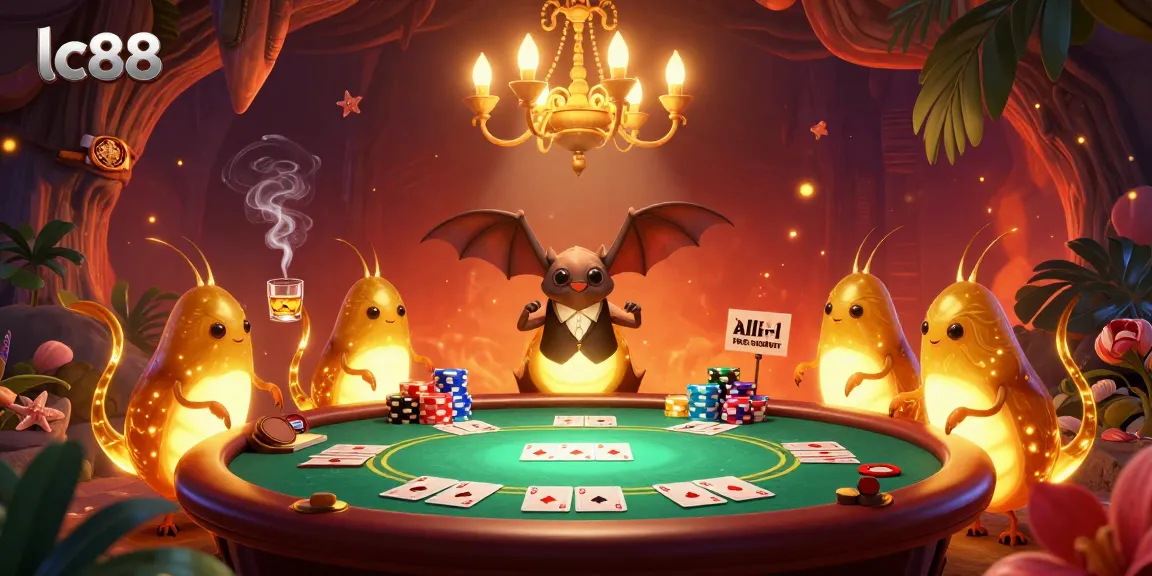 Experience thrilling gaming at lc88 with vibrant glowworm dealers lighting the poker table in a cave casino.