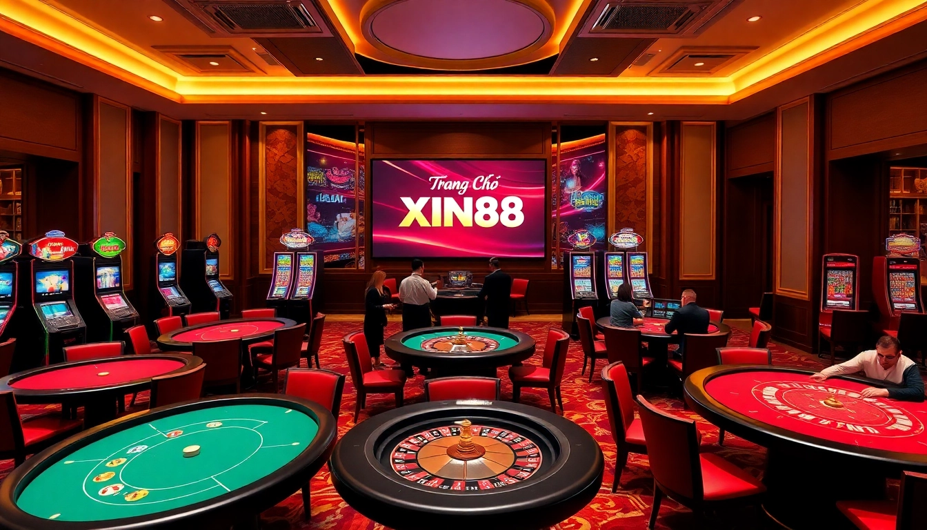 Exciting gaming action at Trang Chủ XIN88 online casino showcasing slots, tables, and vibrant atmosphere.