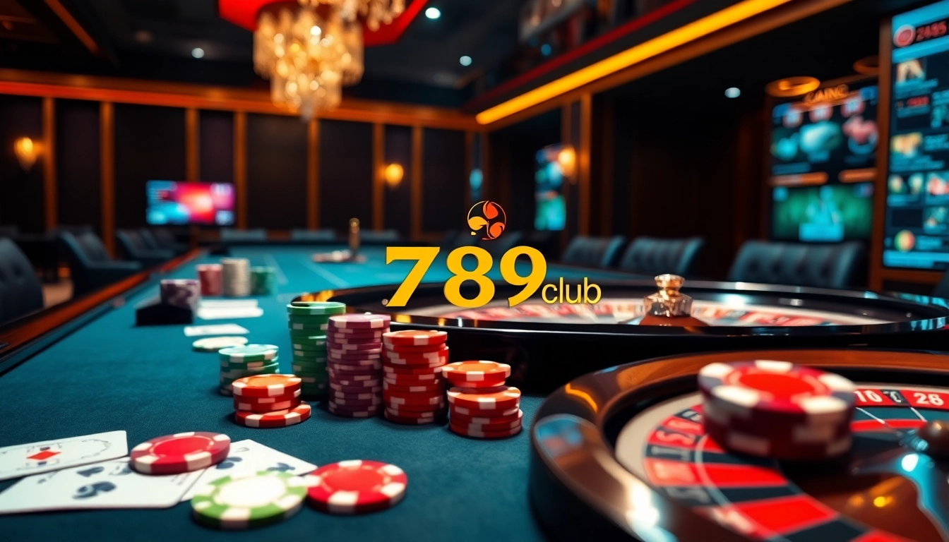 Exciting gaming experience at 789 club with vibrant poker chips and roulette wheel.