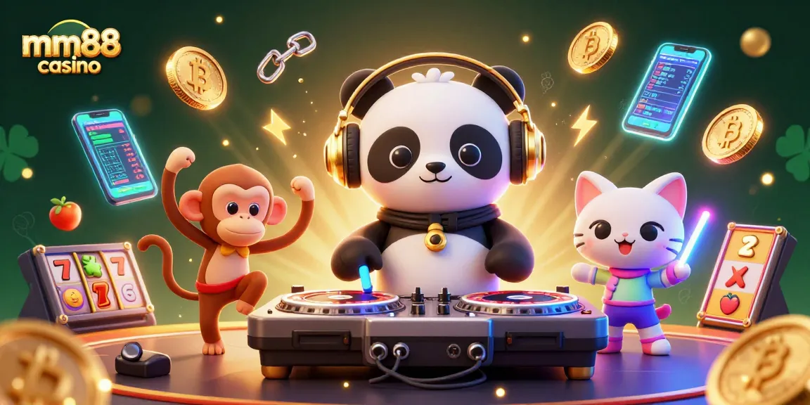 Join the excitement at mm88 casino with a vibrant 3D illustration of a DJ panda spinning roulette wheels.