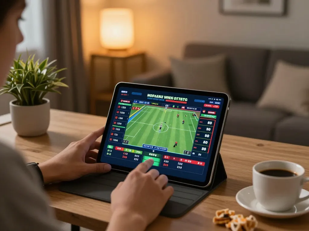 88vv betting on sports through tablet, showcasing strategic play in a cozy home environment.