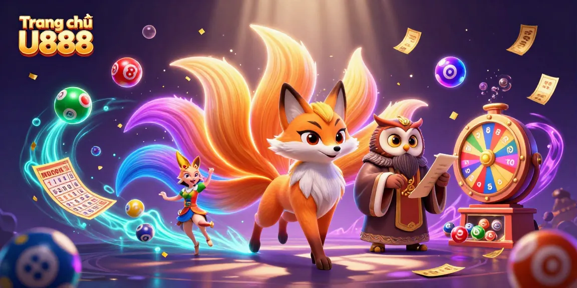 Win exciting prizes with the vibrant Trang chủ U888 casino scene featuring lottery elements and a mystical fox.