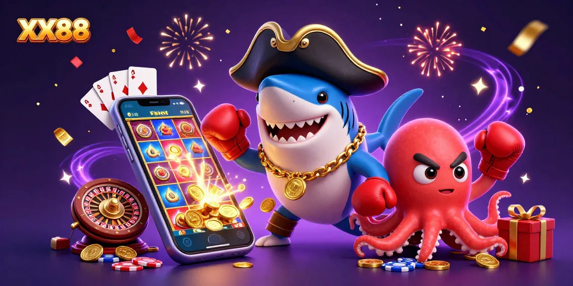 Experience the excitement of XX88 with playful characters in a vibrant 3D gambling scene.