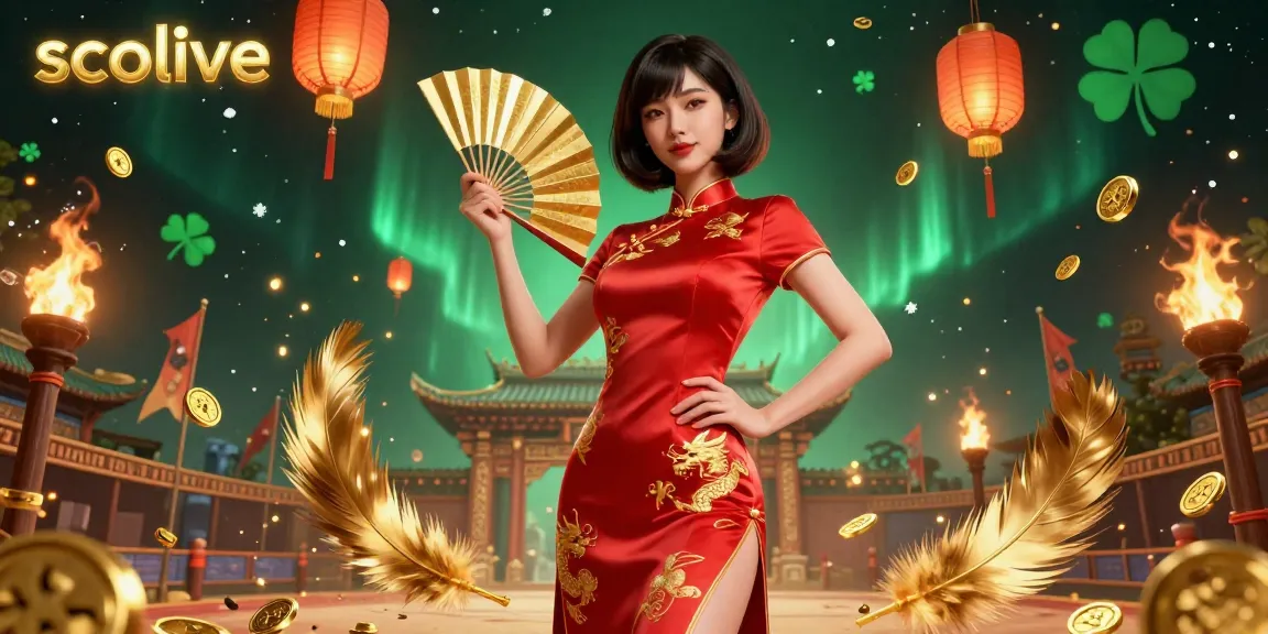 Socolive offers a vibrant live gambling experience with a stunning Asian woman in a red qipao amidst golden elements and festive lanterns.