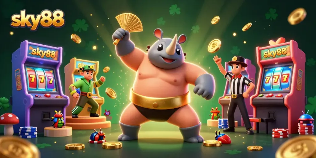 Experience thrilling gameplay at sky88 casino with vibrant characters, golden coins, and slot machines.