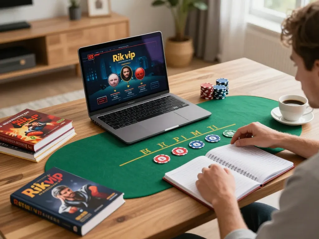 Player engaged in rik vip poker game on laptop in cozy home setup with strategy notes.