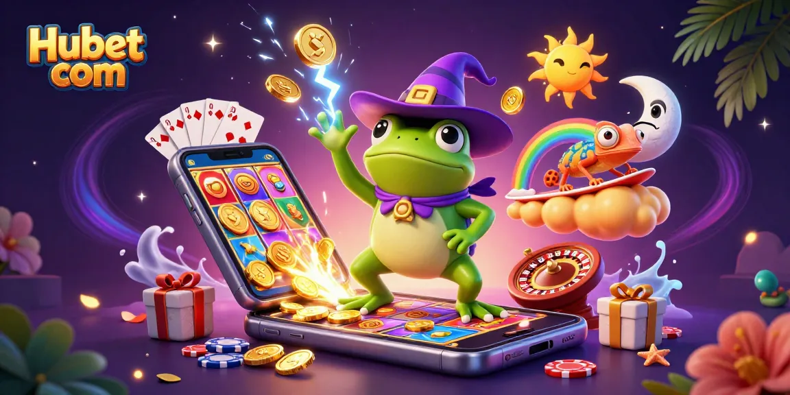Win big at Hubet com with this vibrant 3D illustration featuring a frog and chameleon amidst slot games and golden coins.