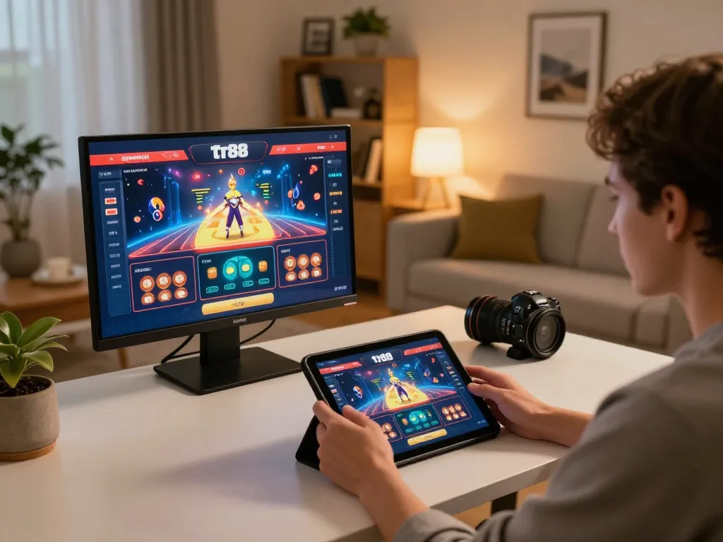 Engaging in online gambling on tr88 platform with tablet in a cozy home setup